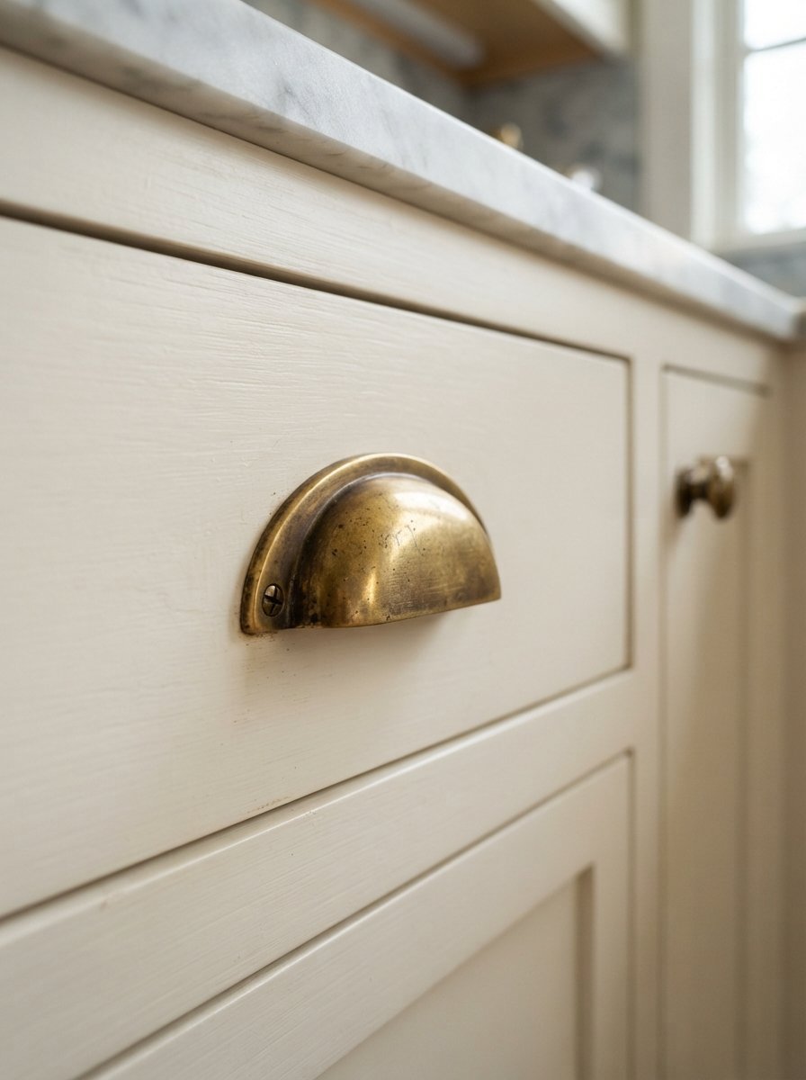 Vintage brass cup handle hardware mounted on painted cream kitchen drawer front with marble countertop edge.