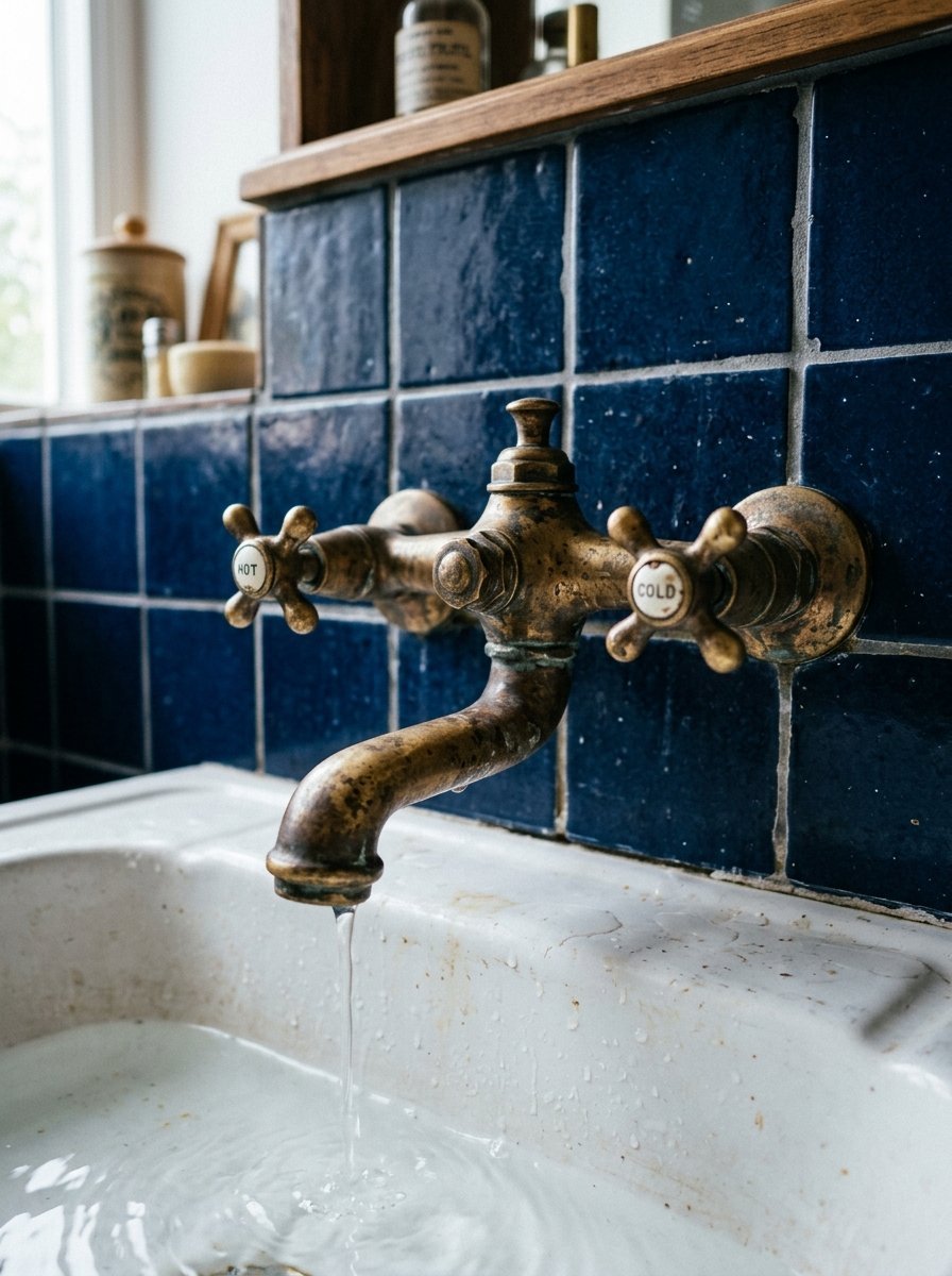 Close up of an aged bronze wall-mounted tap dripping water into a white basin against a deep blue tiled backsplash.