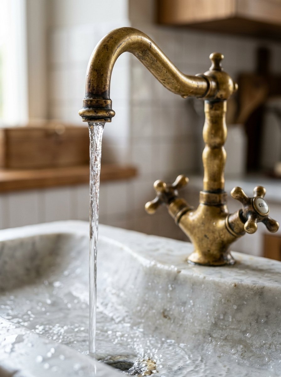 Stream of water pours from an aged gold-toned metal tap into a carved white stone basin.