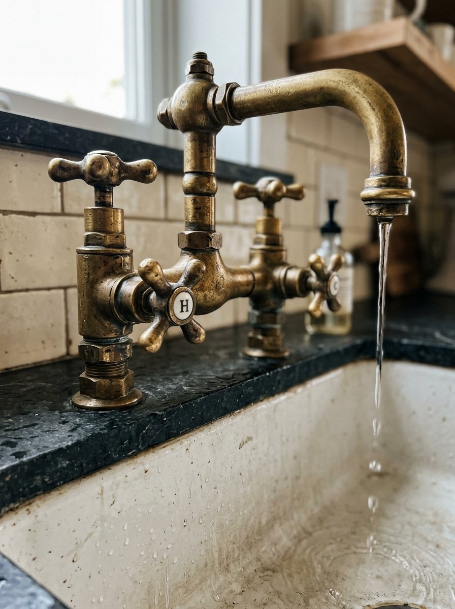 Close up of an aged brass kitchen faucet with cross handles pouring water into a ceramic apron sink.