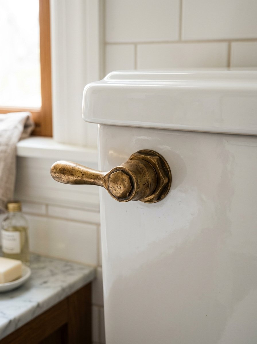 A rustic bronze-toned flush handle mounted on a white ceramic porcelain toilet tank in a bright bathroom.