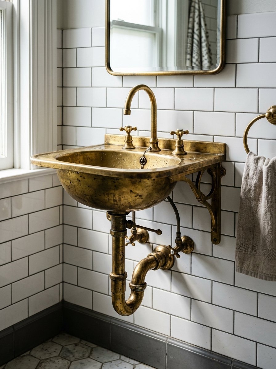 An aged brass wall-hung sink features exposed plumbing pipes and a matching vintage faucet against white tiles.