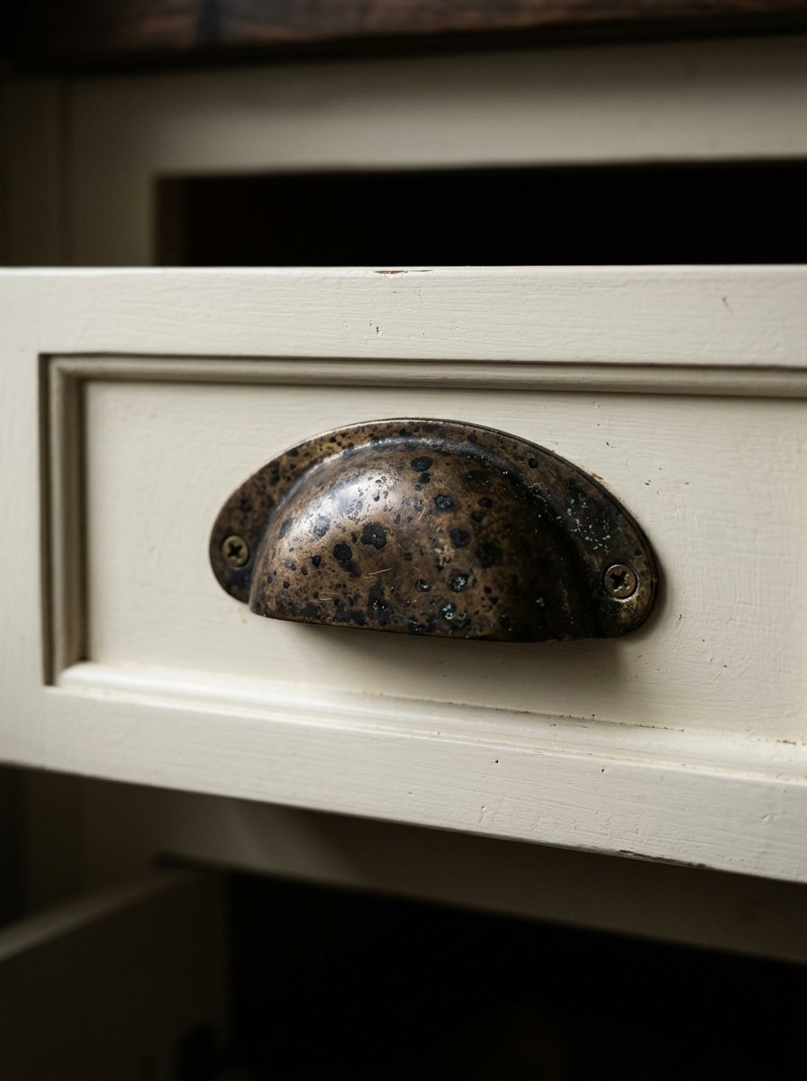Close-up of a vintage patina finish metal bin pull attached to a light-colored kitchen drawer front.