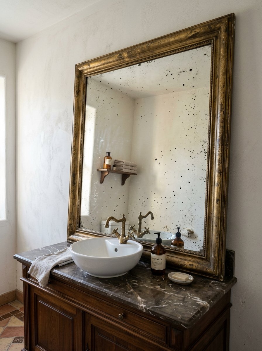 Vintage distressed mirror in a gold frame mounted over a dark marble countertop and white vessel sink.