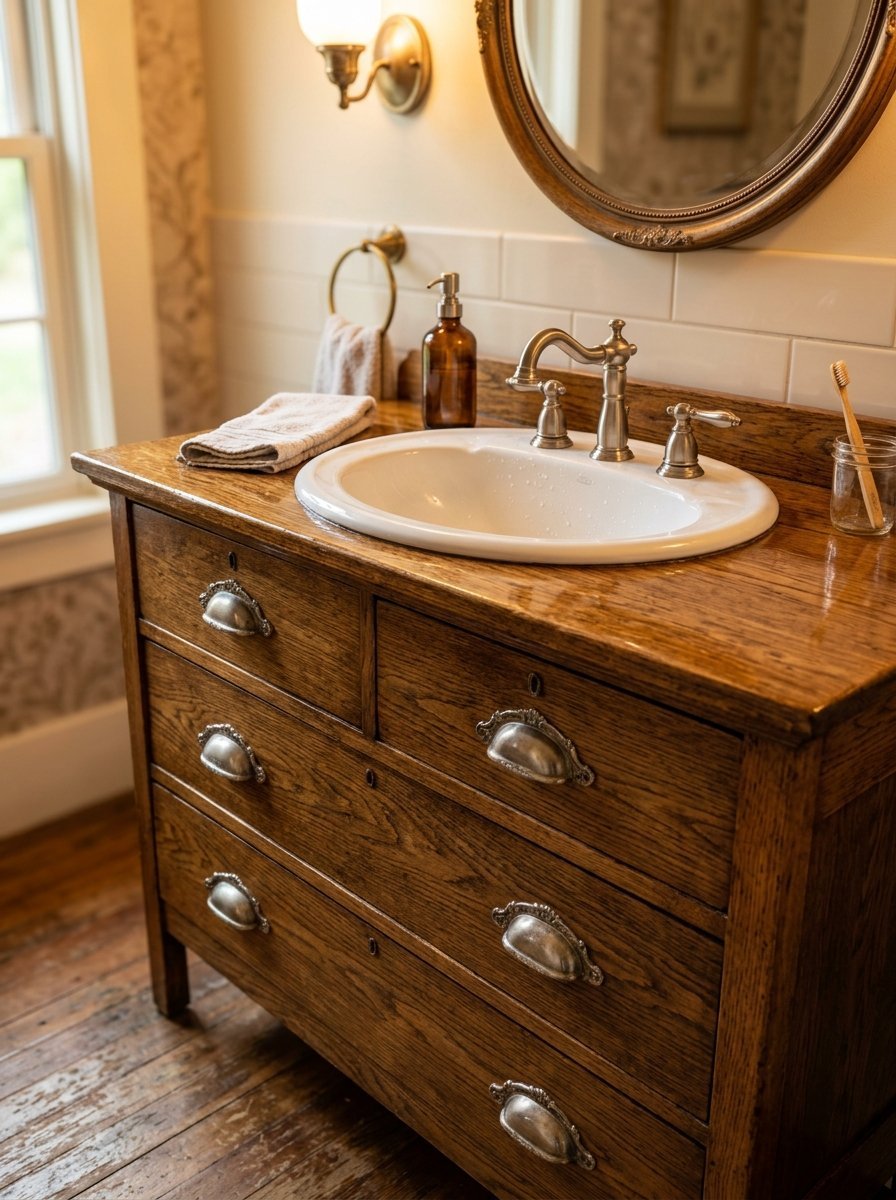 Vintage oak chest of drawers converted into a bathroom vanity with a white drop-in basin and silver cup pulls.