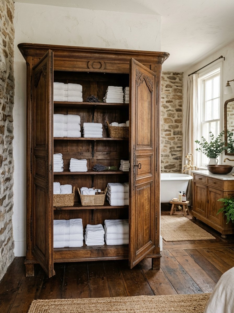 An open antique oak wardrobe in a stone-walled bathroom displaying neatly stacked white bath towels and wicker baskets.