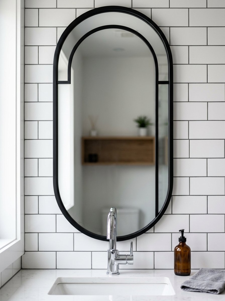 Close up of an oval bathroom mirror with a black metal frame mounted on a white subway tile backsplash.