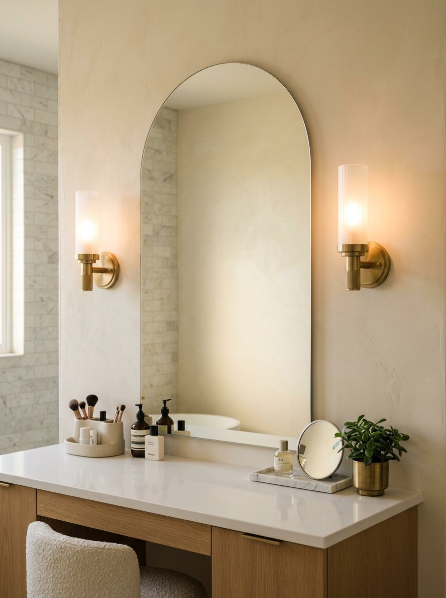Modern bathroom vanity featuring an arched mirror, gold sconces, and beauty products on a white countertop.