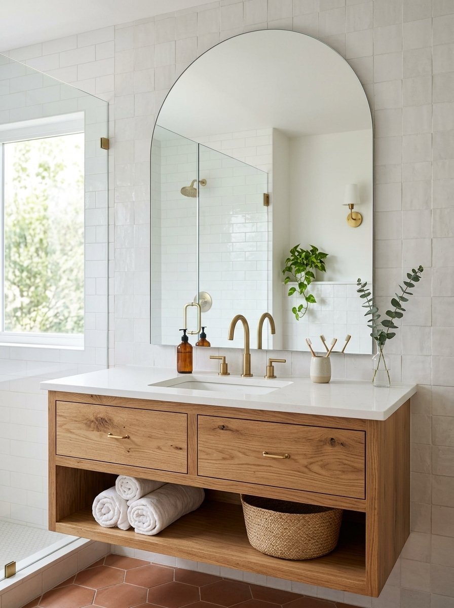 Floating wooden bathroom vanity with white countertop and arched mirror against a tiled wall.