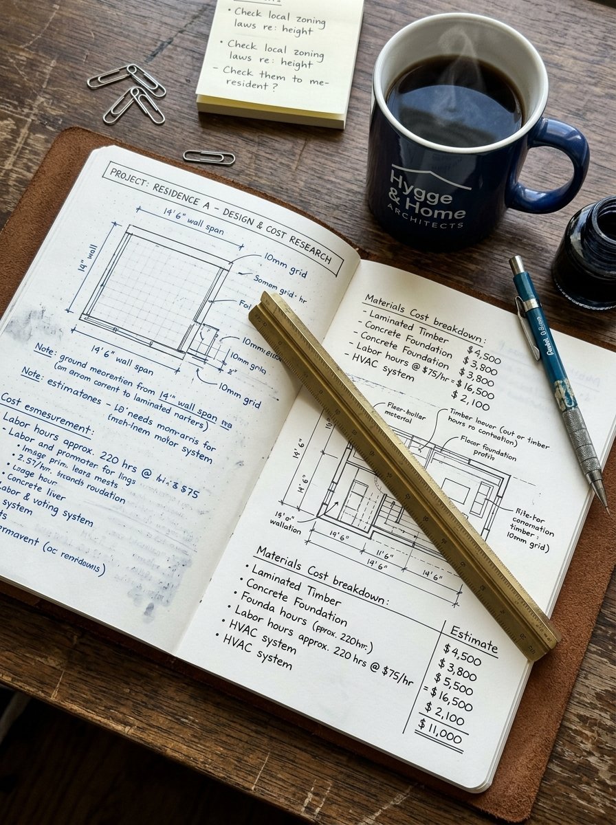 An open notebook on a wooden desk showing hand-drawn house floor plans, cost breakdowns, a brass ruler, and coffee.
