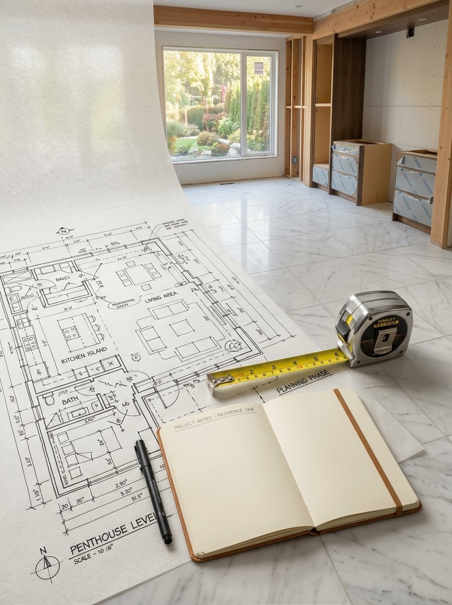 Blueprint layout spread on marble floor next to a tape measure, open notebook, and pen in a construction site.
