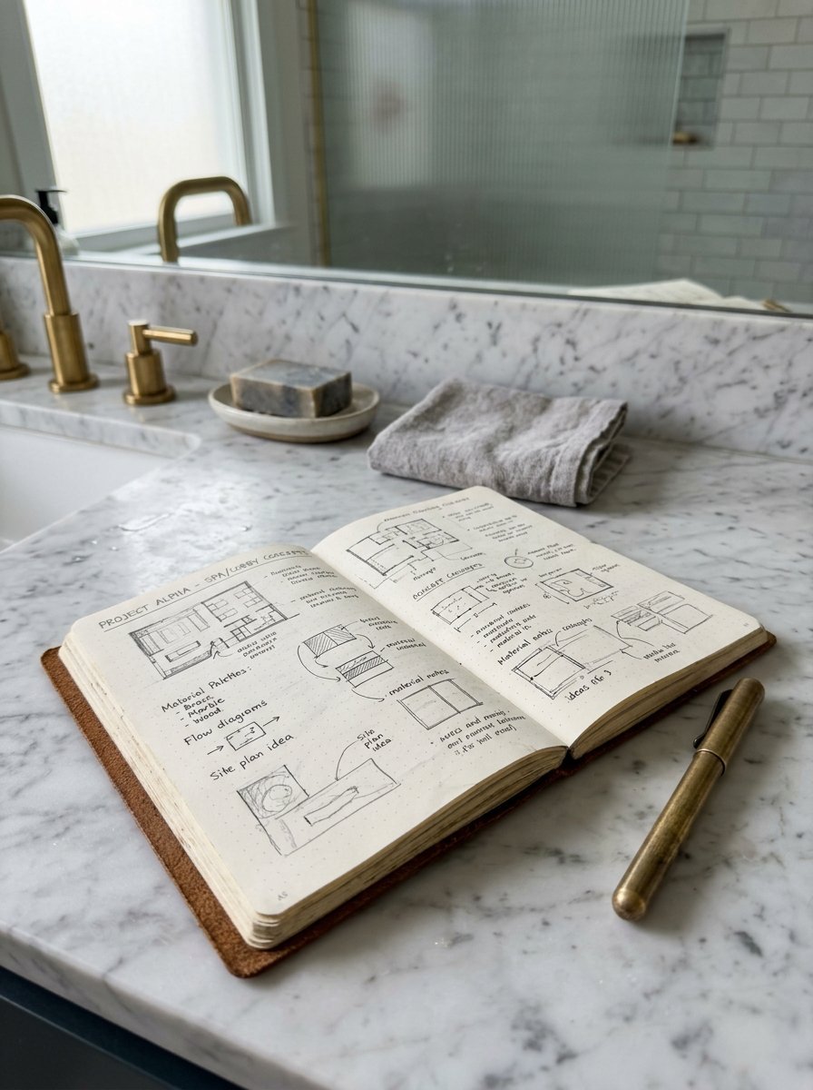An open notebook with floor plan drawings and material notes rests on a white marble bathroom countertop.