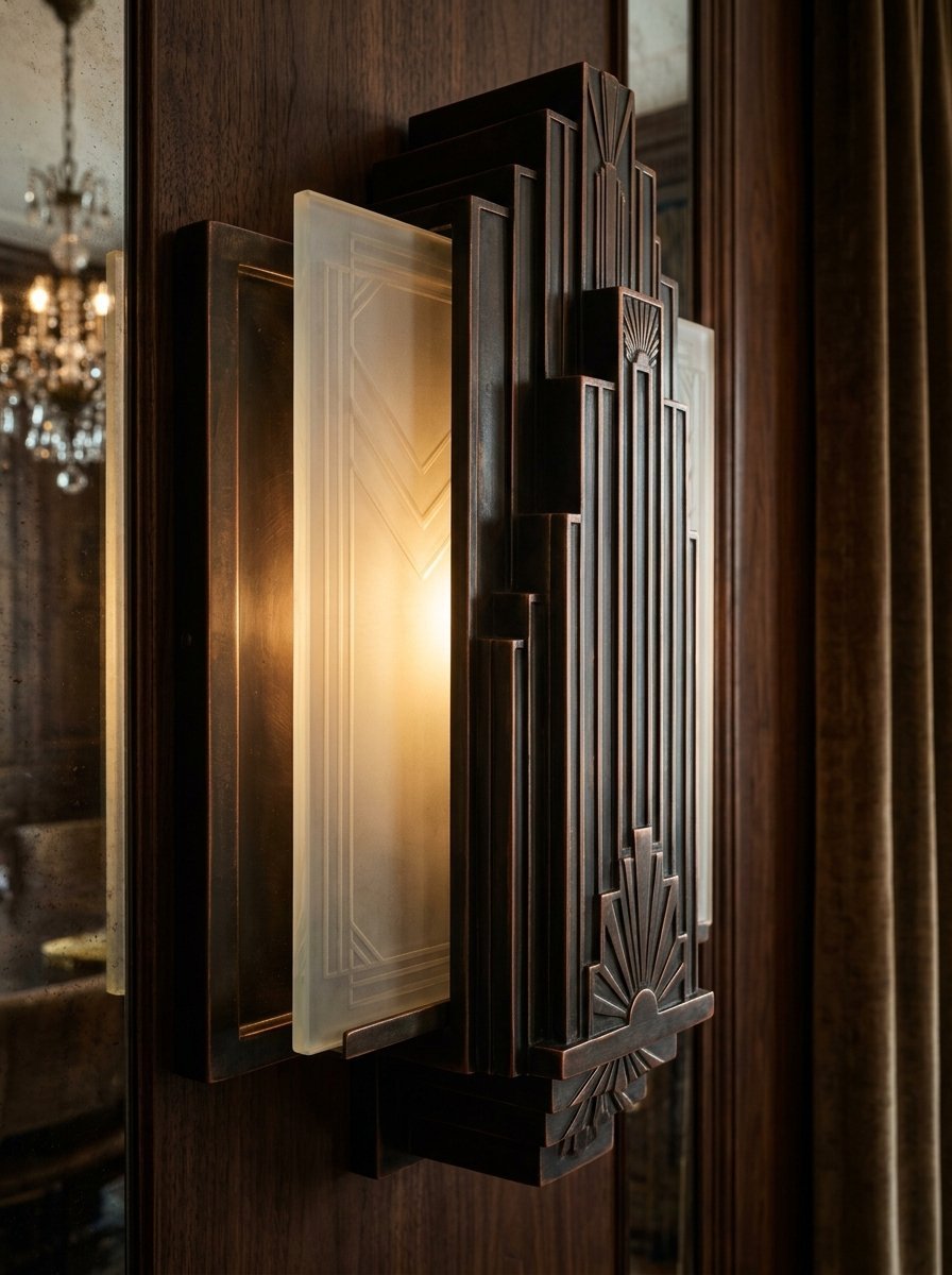 Close-up of a tiered bronze Art Deco wall light with etched glass and sunburst detailing on dark wood.