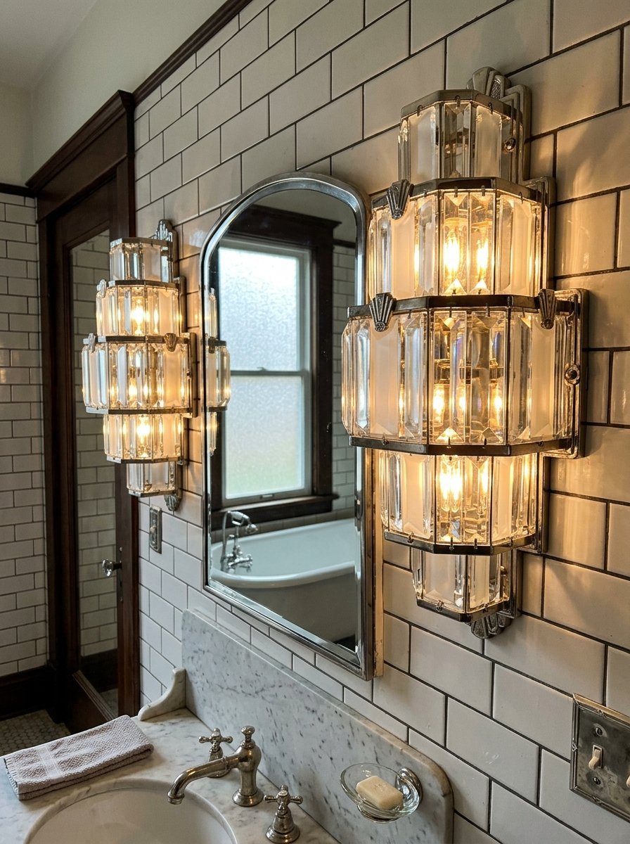 Two tiered crystal and metal wall lamps illuminating a subway tile bathroom wall above a marble vanity.