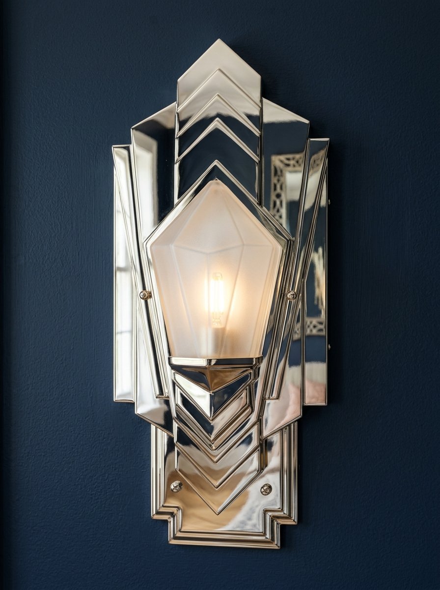 A metallic, vintage-inspired light fixture mounted on a deep navy wall.