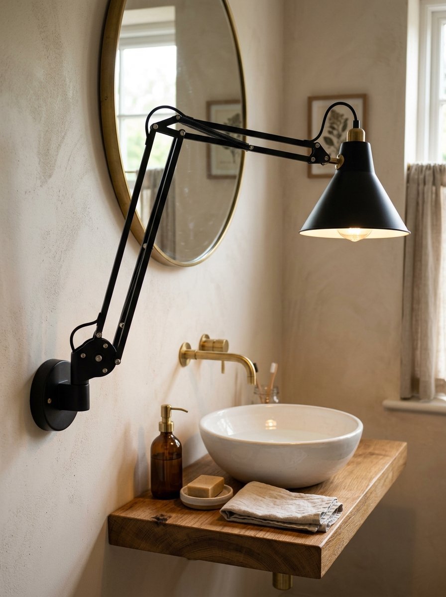 A black task lamp extends over a white vessel sink on a floating wood counter in a modern rustic bathroom.
