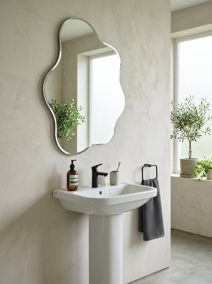A white pedestal sink with a black faucet sits under an irregular, wavy-edged wall mirror.