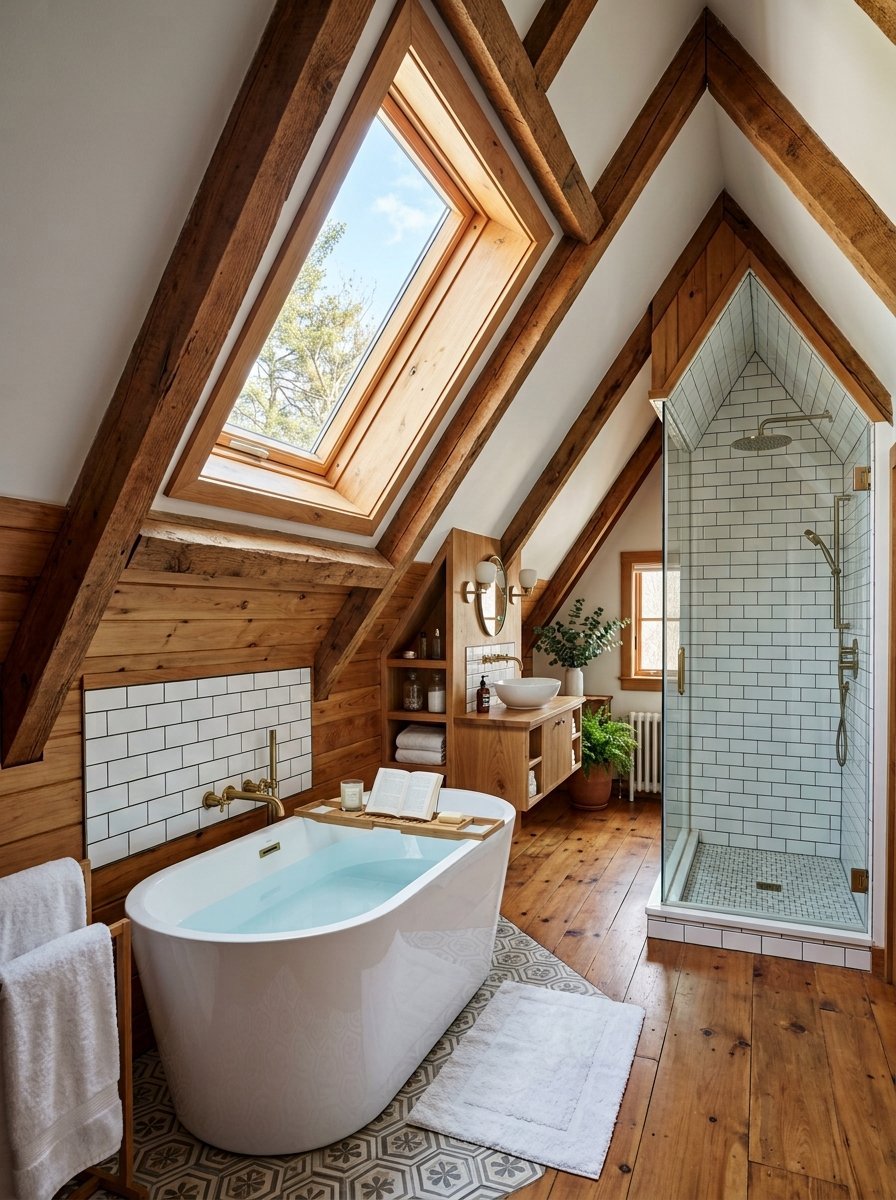 A rustic attic bathroom with a skylight, wood-paneled walls, a standalone bathtub, and a glass-enclosed shower.