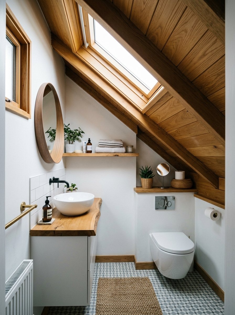 A small attic bathroom with a white vessel sink, wooden countertop, and skylight under a slanted wood-paneled ceiling.