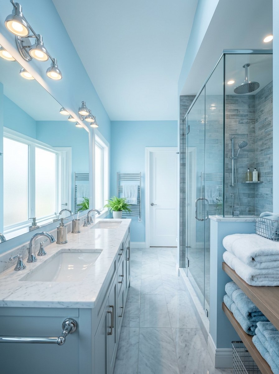 Modern bathroom with a double vanity, glass shower, and stacked blue towels on wooden shelves.