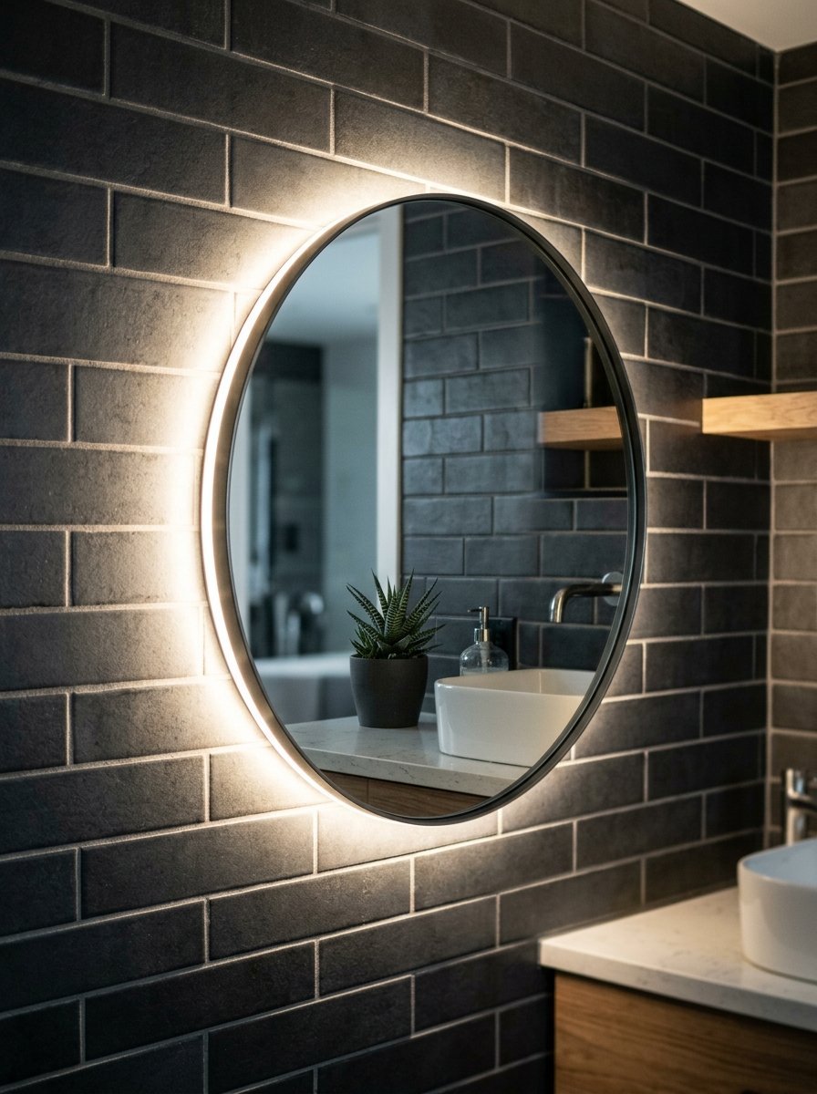 Round illuminated vanity mirror mounted on a charcoal brick wall with a succulent plant reflected inside.