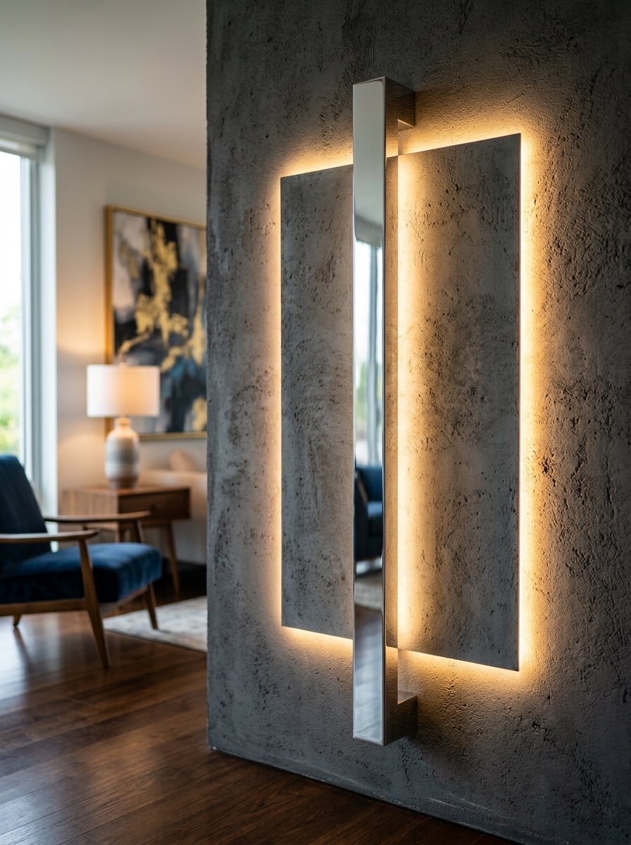 Modern vertical light fixture mounted on a textured concrete interior wall.