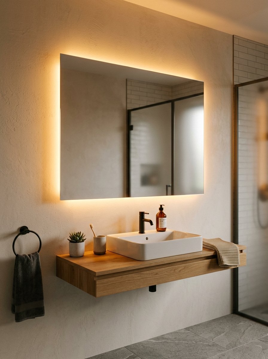 Modern bathroom setup with a rectangular backlit mirror, wood vanity, and a black faucet.