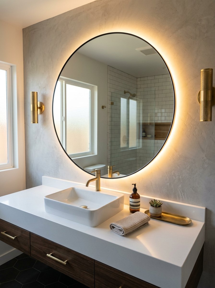 Round glowing mirror with gold wall sconces over a white sink, wood cabinet, and concrete textured wall.