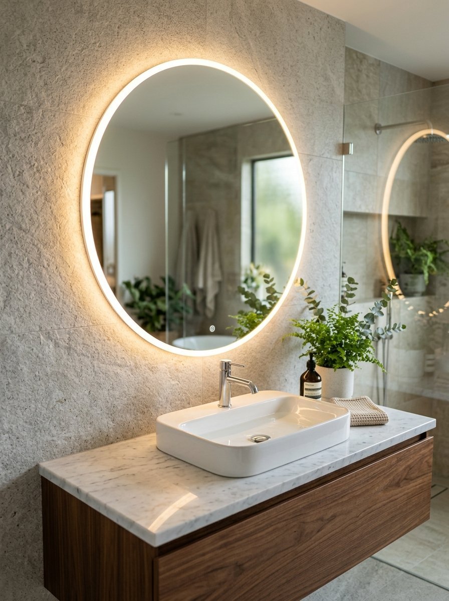 A white rectangular sink sits on a marble countertop with a glowing circular mirror mounted on a textured stone wall.