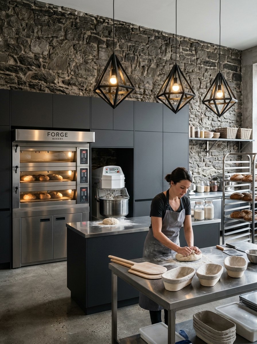 A woman in an apron kneading bread dough on a stainless steel table in a kitchen with industrial ovens.
