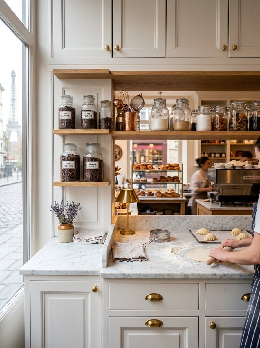 Close up of a chef rolling dough on a marble counter in a sunlit French bakery with glass pantry jars.