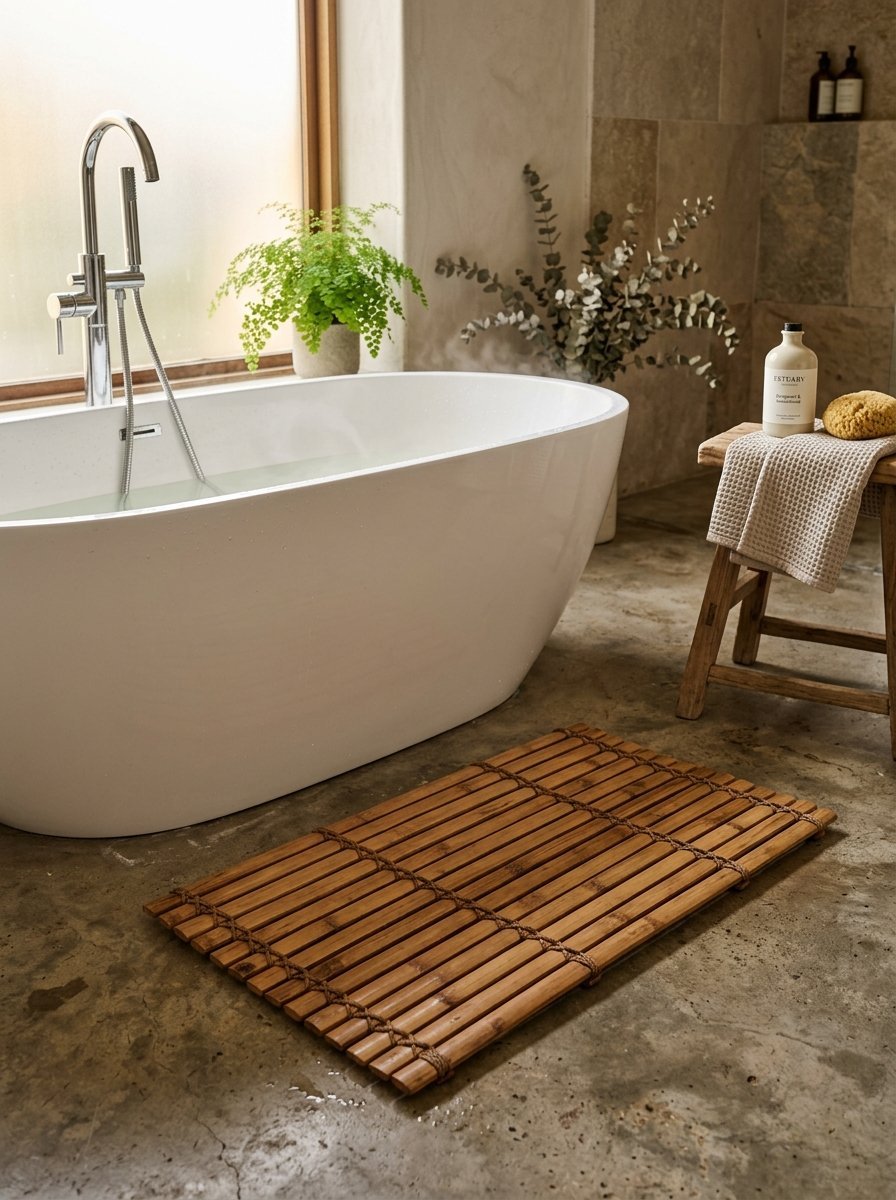 Wood slatted bath mat on concrete floor in front of a modern oval soaking tub with green foliage.