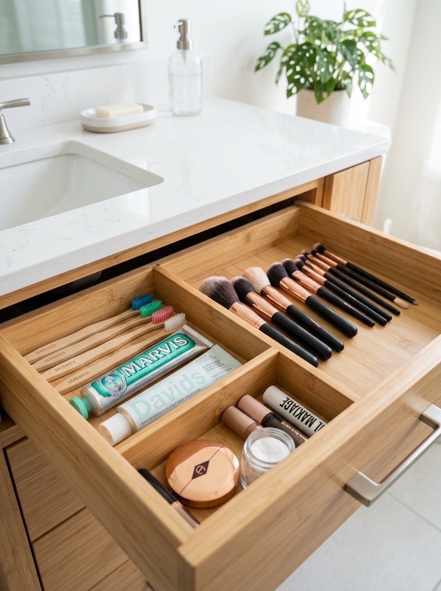 An open wood bathroom drawer featuring neat compartments with toothbrushes, makeup brushes, and skincare products.