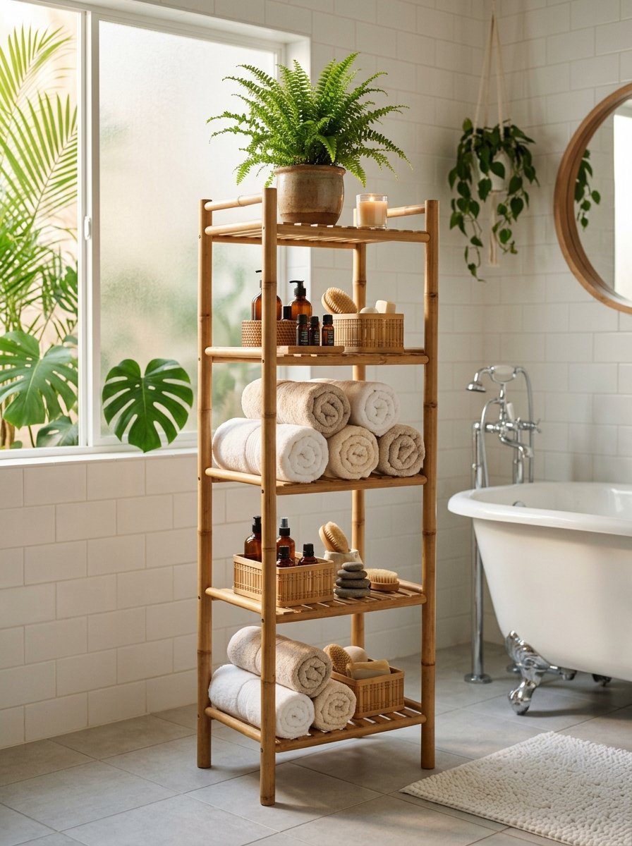 Tall bamboo shelf in a bright bathroom filled with rolled towels, bath brushes, essential oils, and green plants.