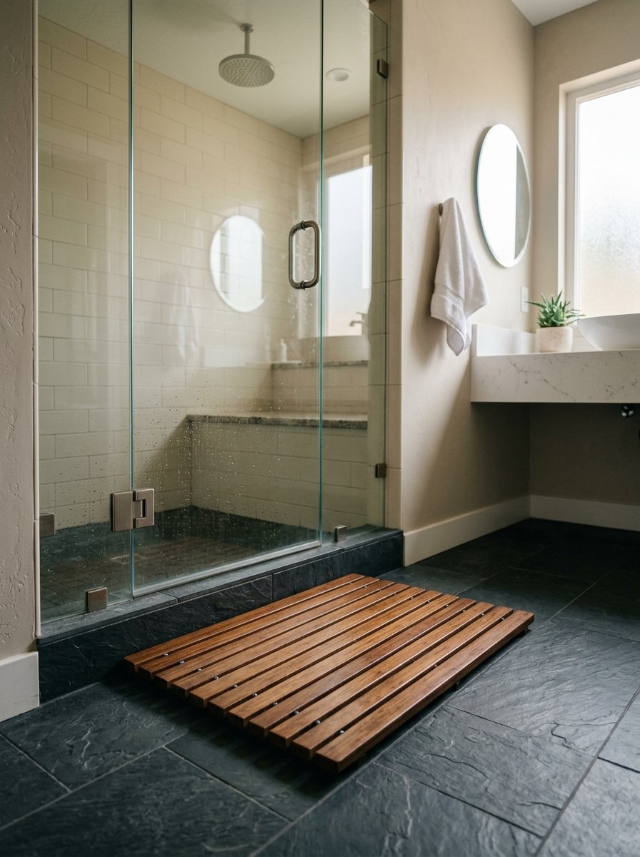 Wooden shower mat placed on black stone floor tiles in front of a glass shower enclosure.