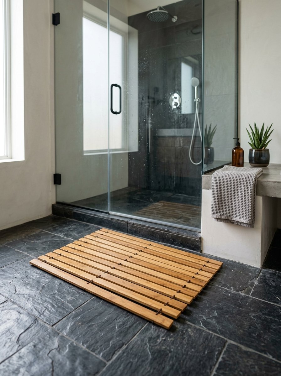 Wooden slatted bath mat placed on a dark stone floor in front of a glass walk-in shower enclosure.