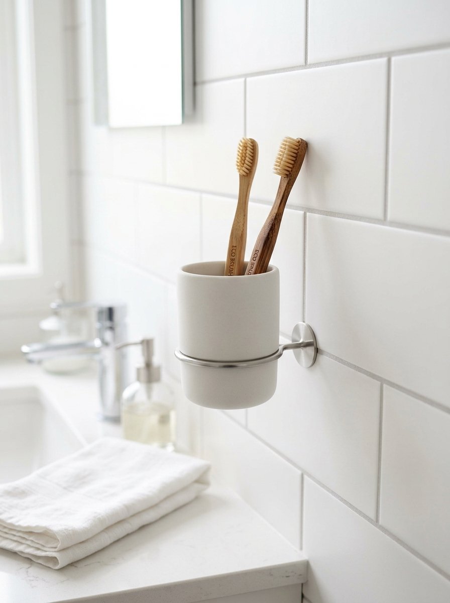 Close up of two bamboo toothbrushes in a matte white ceramic cup attached to a white tiled bathroom wall.