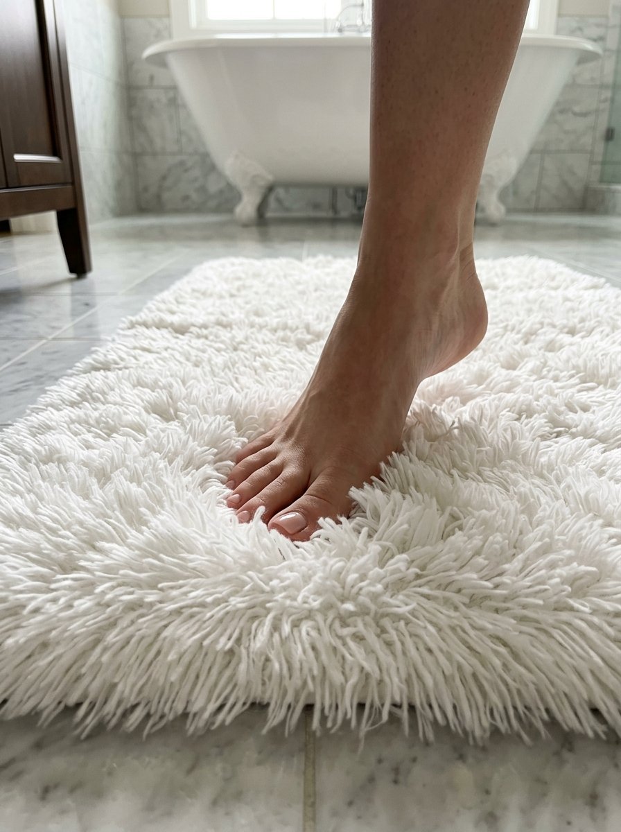 Close-up of a person's foot resting on a soft, long-pile white rug in a marble bathroom.