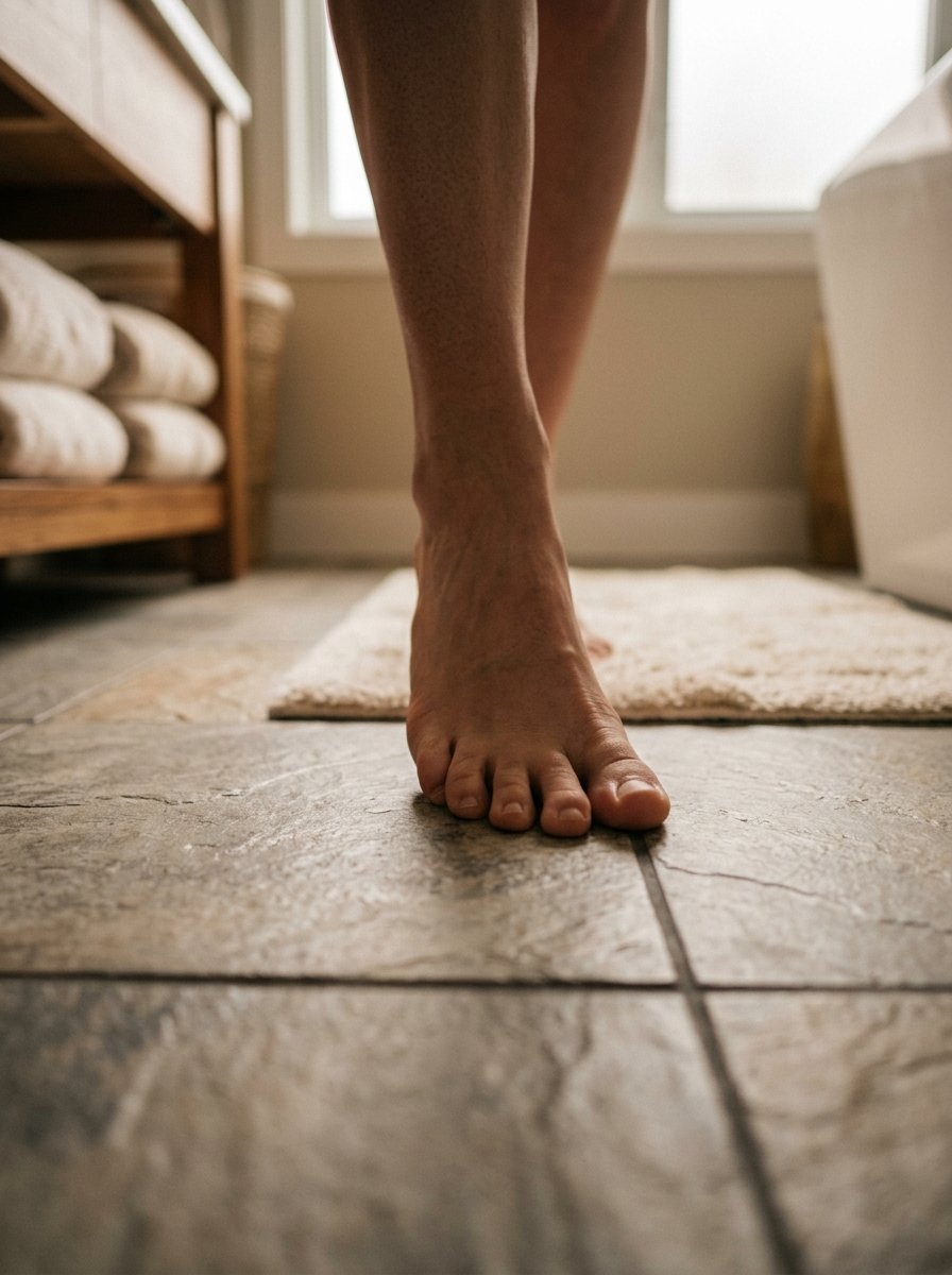 Close-up view of one bare foot resting on stone-look ceramic tiles in a bright bathroom setting.