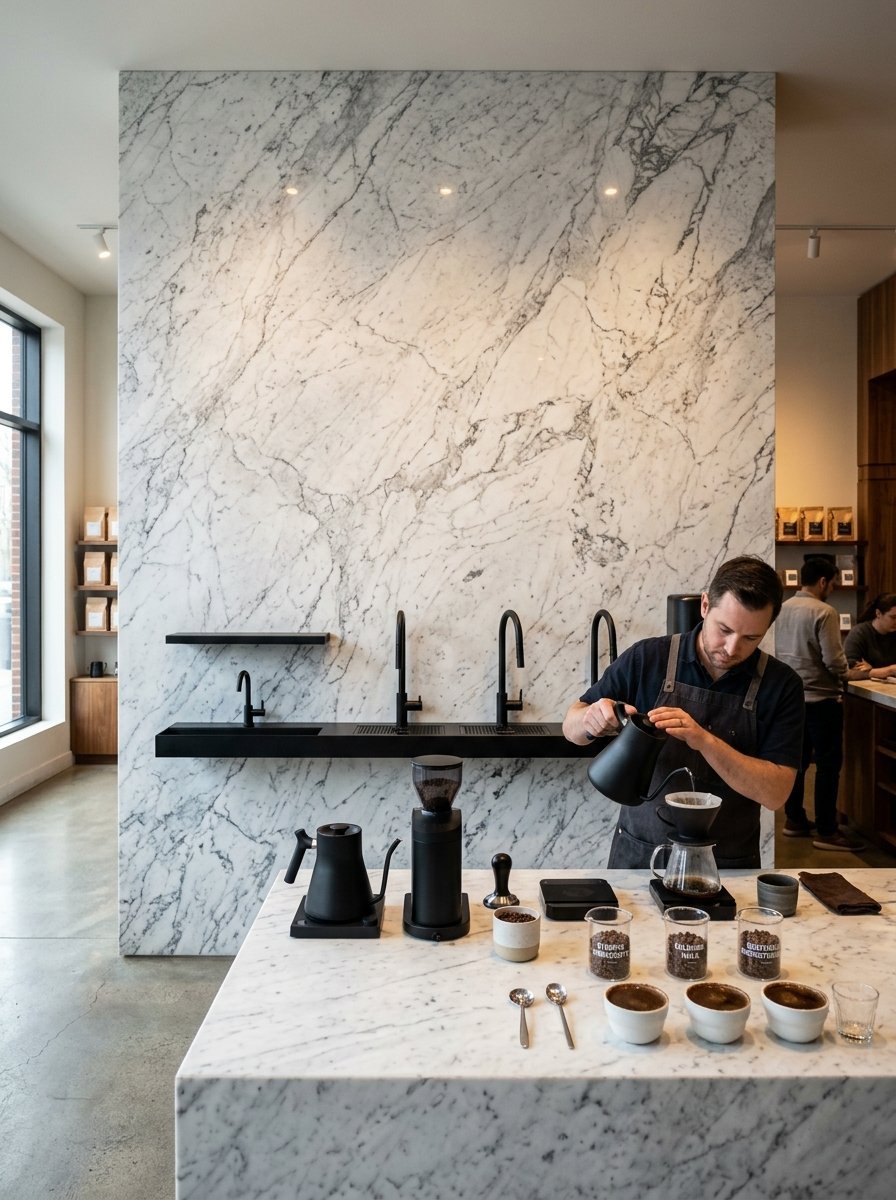 A barista in an apron pours hot water into a glass dripper set on a white marble coffee bar.