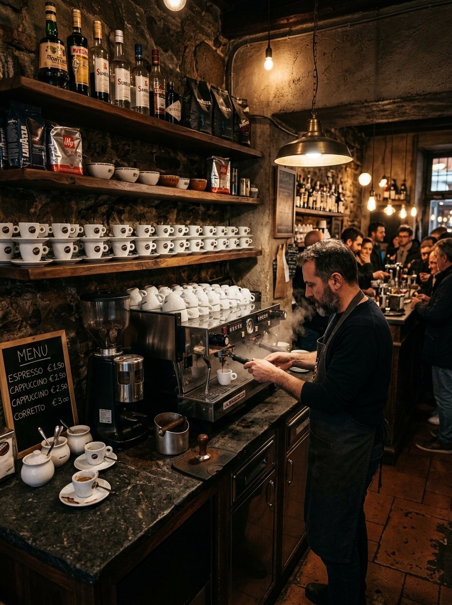 A man in an apron operating a professional espresso machine at a marble counter in a dimly lit, stone-walled cafe.