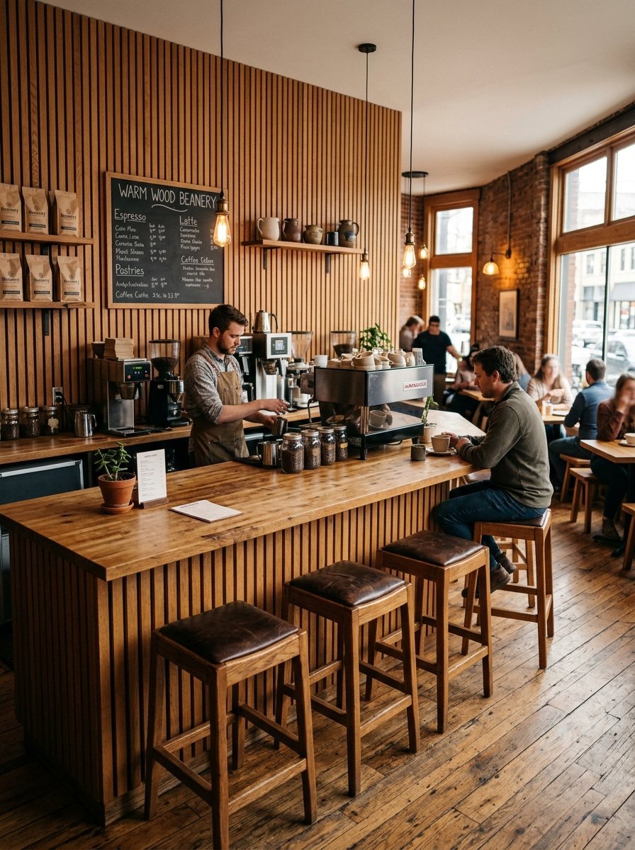 A barista works behind a wooden bar while a customer sits on a stool and enjoys a drink in a rustic coffee shop.