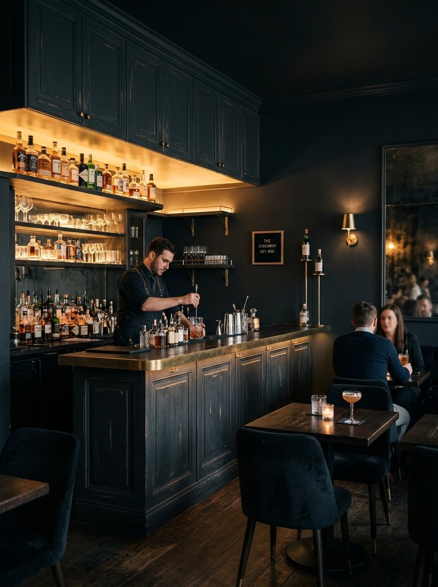 Professional bartender stirs a beverage behind a sleek black wooden bar in an upscale, dimly lit interior.