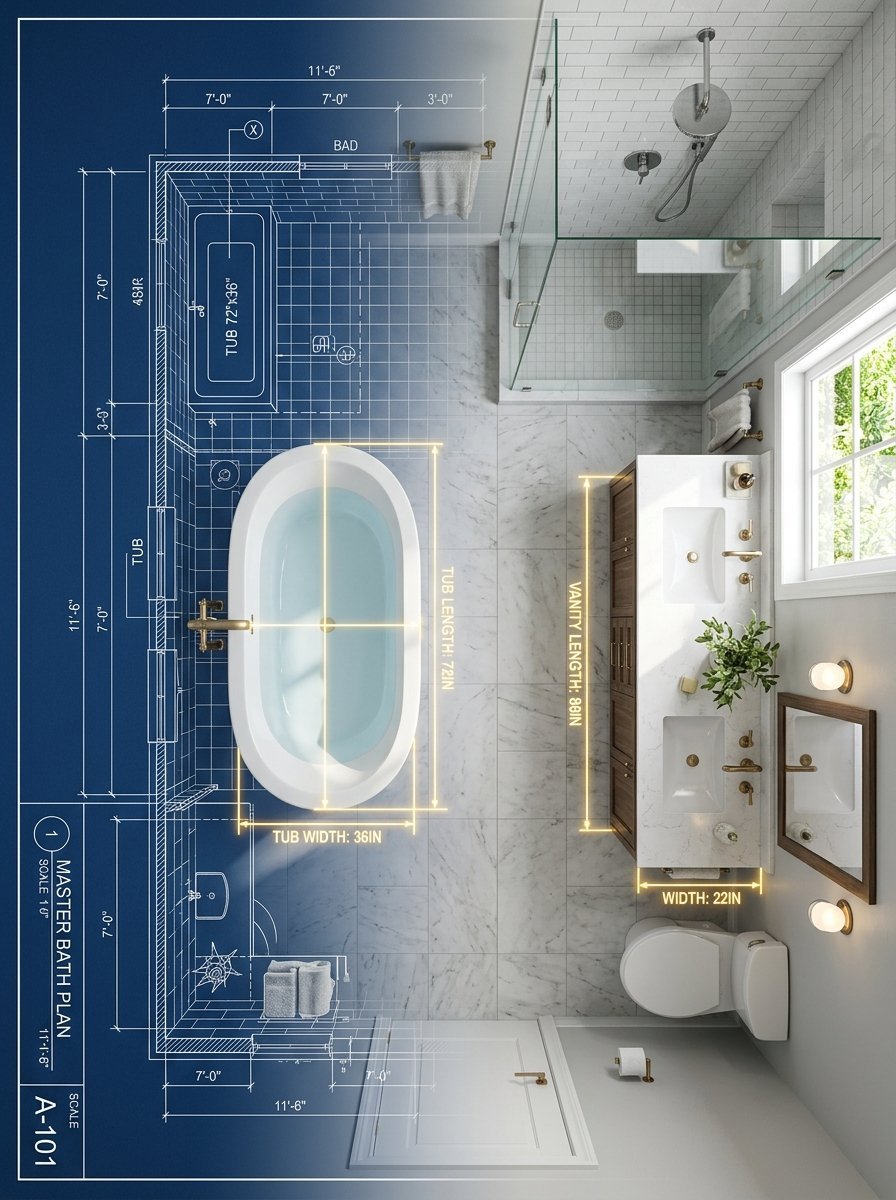 Top-down view of a master bathroom showing a blueprint sketch superimposed over a realistic marble tile renovation.