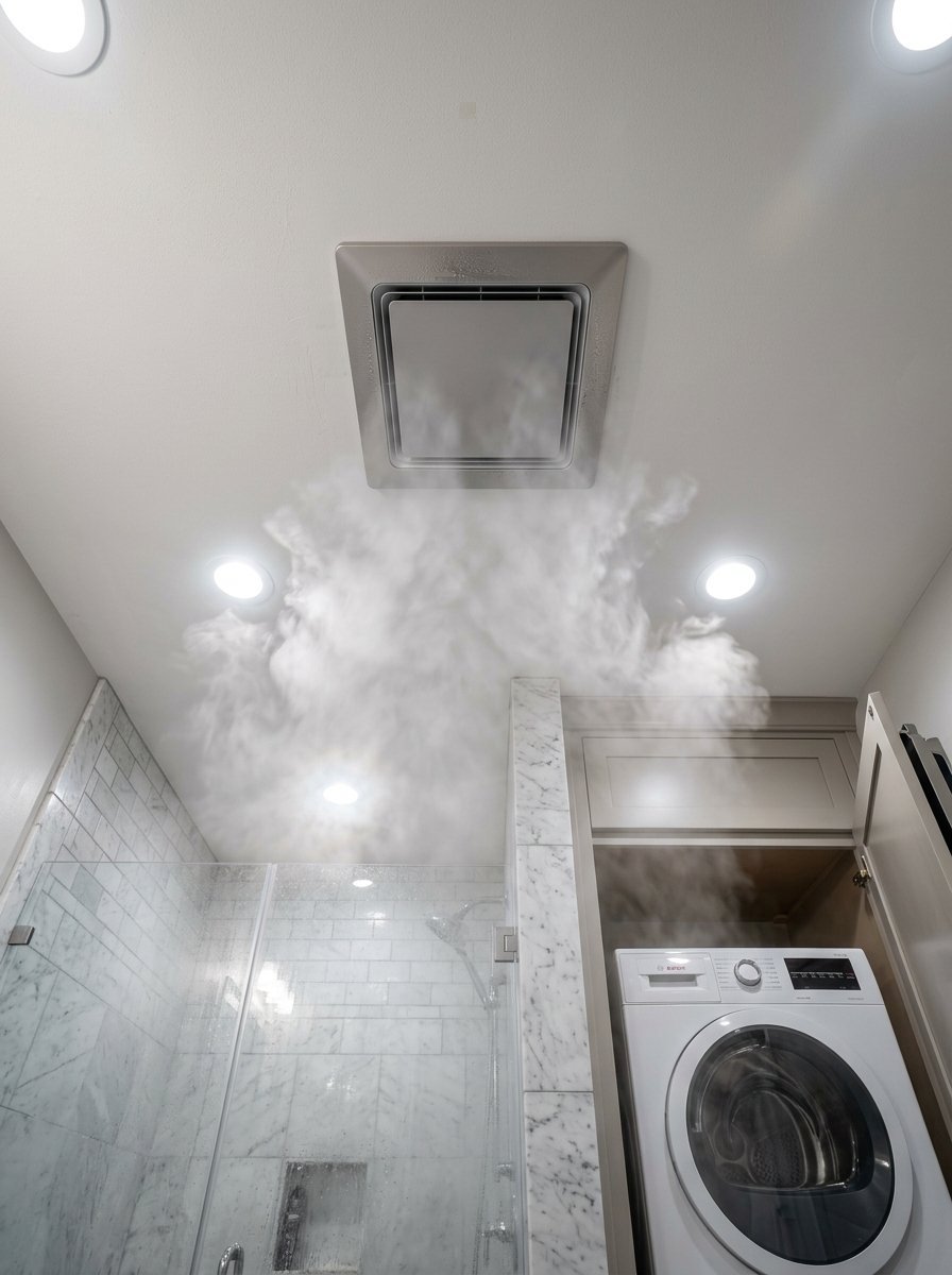 Thick white steam rising towards a square bathroom ceiling fan above a shower and washing machine.