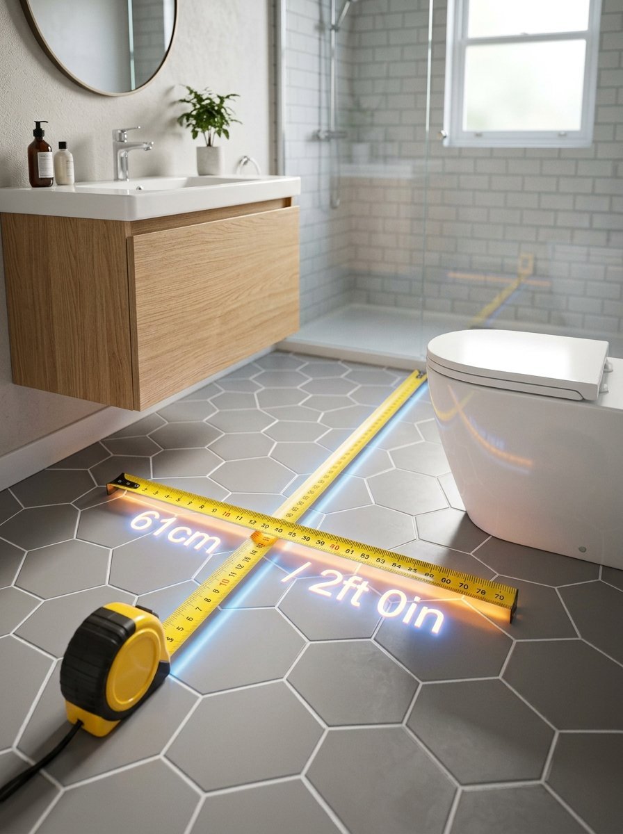 Tape measure laid across grey hexagonal bathroom tiles showing 61cm and 2ft 0in distance.