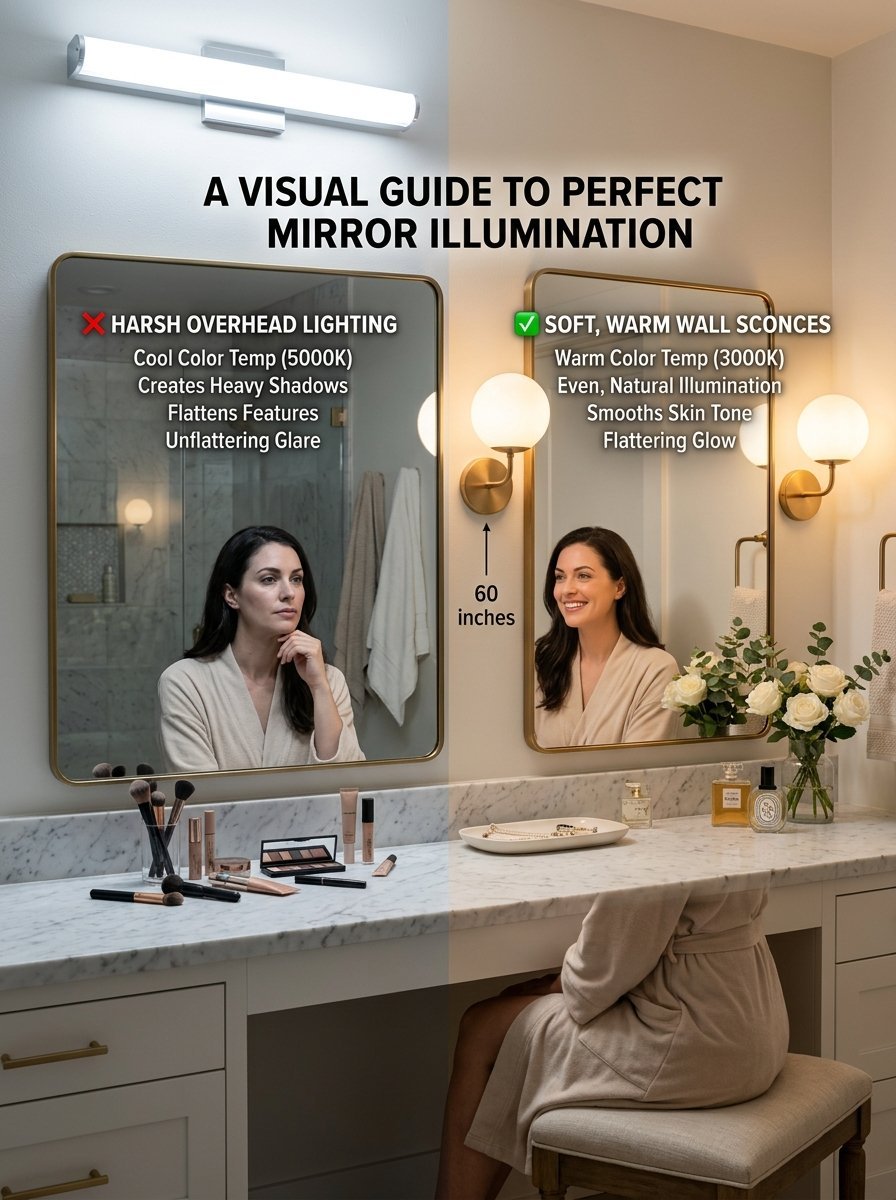 Comparison chart showing bathroom mirror lighting effects with a woman under cool overhead light and warm wall sconces.