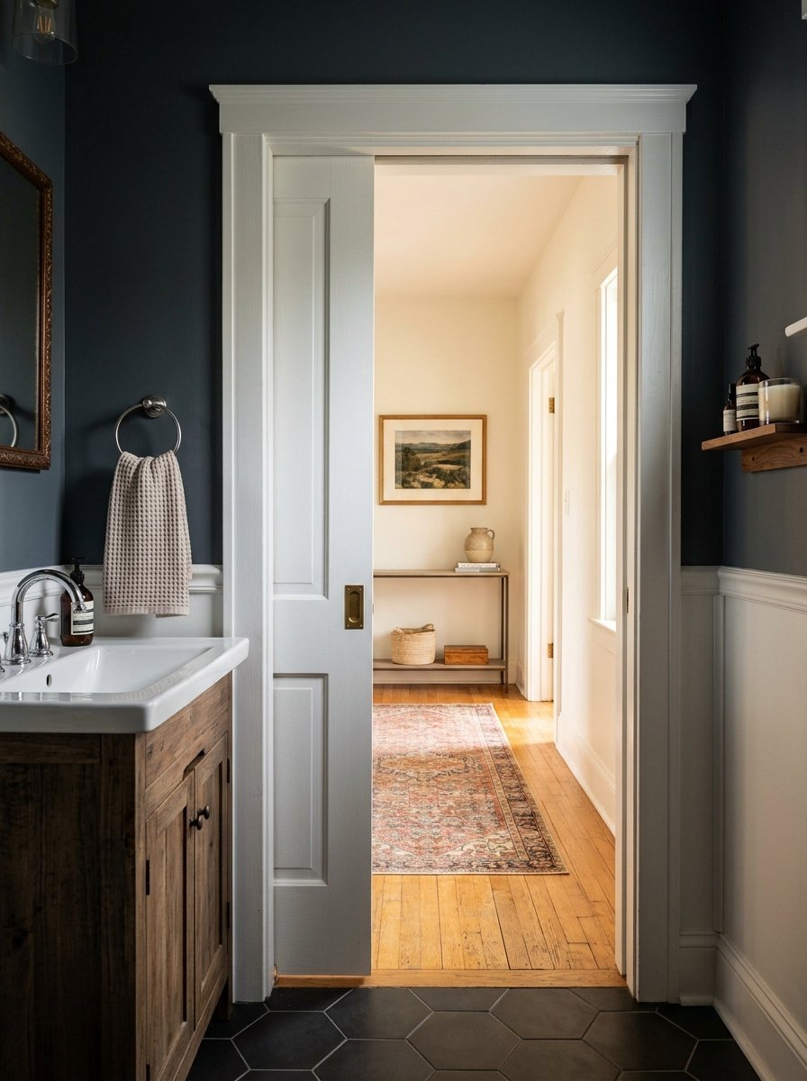 A white pocket door frames a view into a sunny hallway with hardwood floors, a patterned rug, and a console table.
