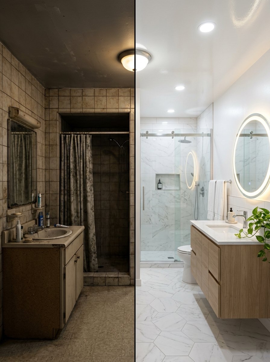 Split image comparing a dark, dated bathroom to a bright, modern renovated bathroom with marble floors.