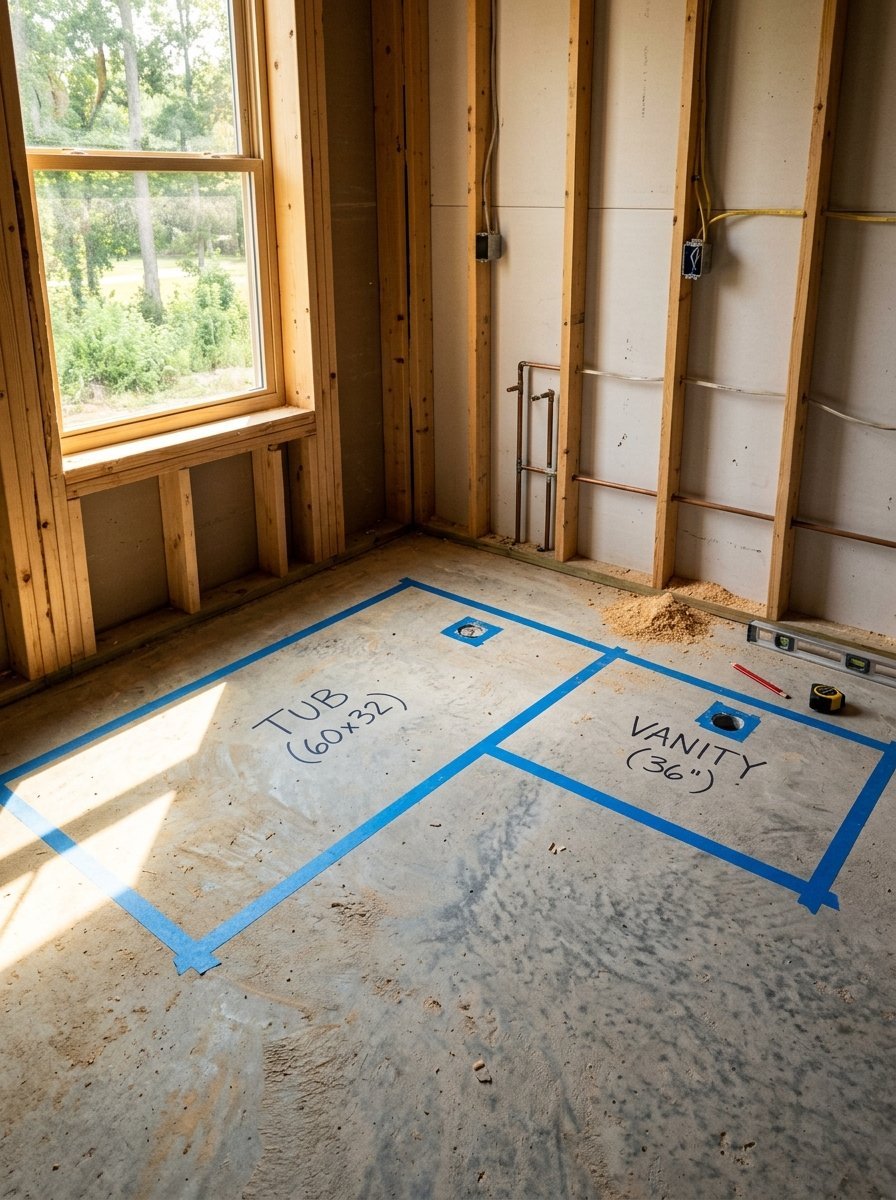 Blue tape outlines for a bathtub and vanity drawn on a construction site concrete floor.